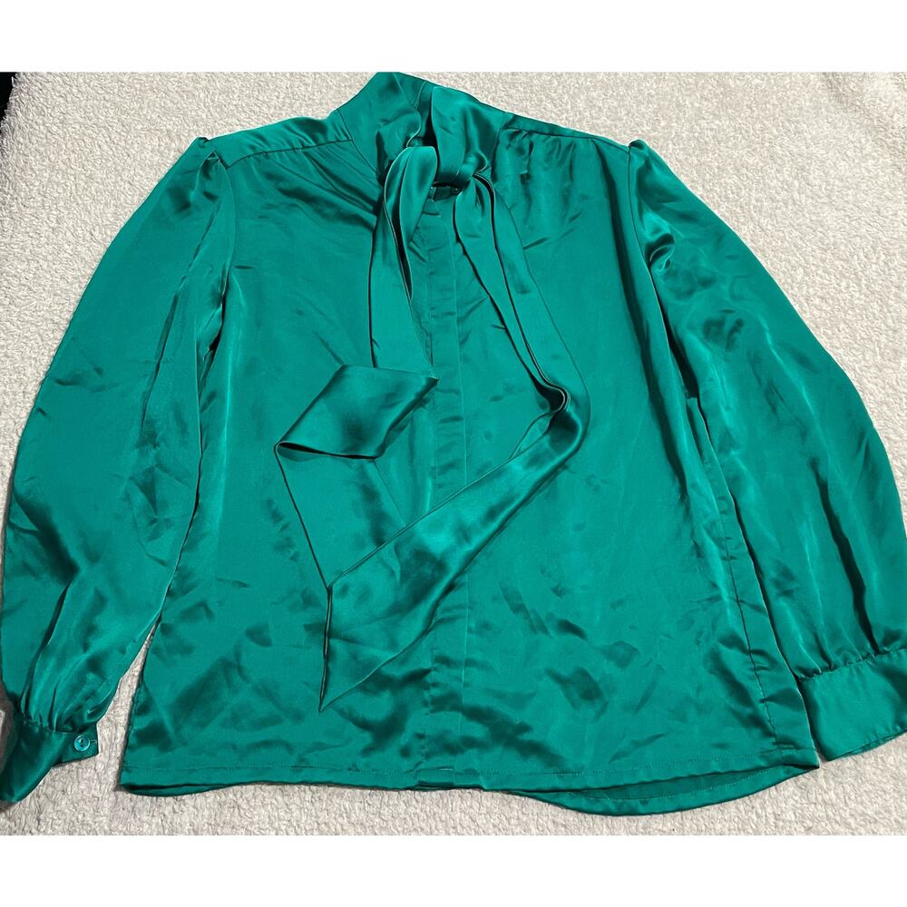 VTG Pendleton Women's Medium 14 Silky Neck Tie Bow Long Puff Sleeve Top Green